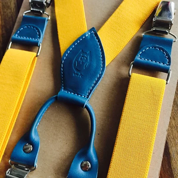 Pánske traky okrové s modrou kožou "more leather"