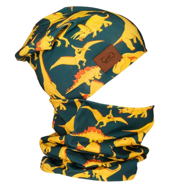 Set čiapka a nákrčník - žlté dinosaury