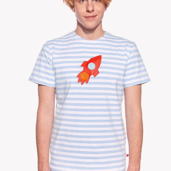 Pískacie pánske tričko Samo svetlomodré pruhy – raketa