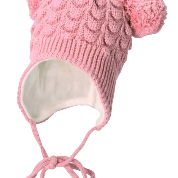 Bombuľová čiapka s pleteným vzorom a šnúrkami - ružová