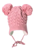 Bombuľová čiapka s pleteným vzorom a šnúrkami - ružová – Obrázok 4