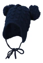 Bombuľová čiapka s pleteným vzorom a šnúrkami - tmavomodrá