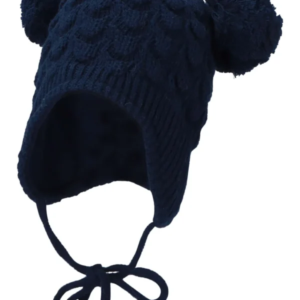 Bombuľová čiapka s pleteným vzorom a šnúrkami - tmavomodrá