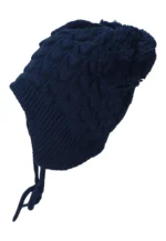 Bombuľová čiapka s pleteným vzorom a šnúrkami - tmavomodrá – Obrázok 2