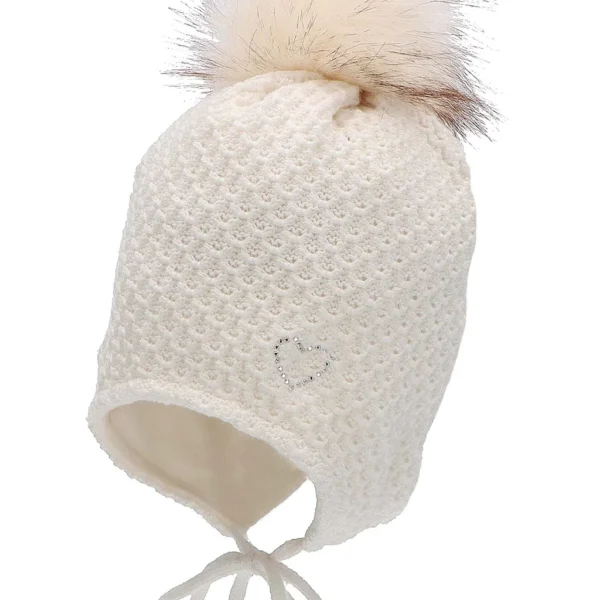 Bombuľová čiapka so štrasovým srdcom a šnúrkami - biela