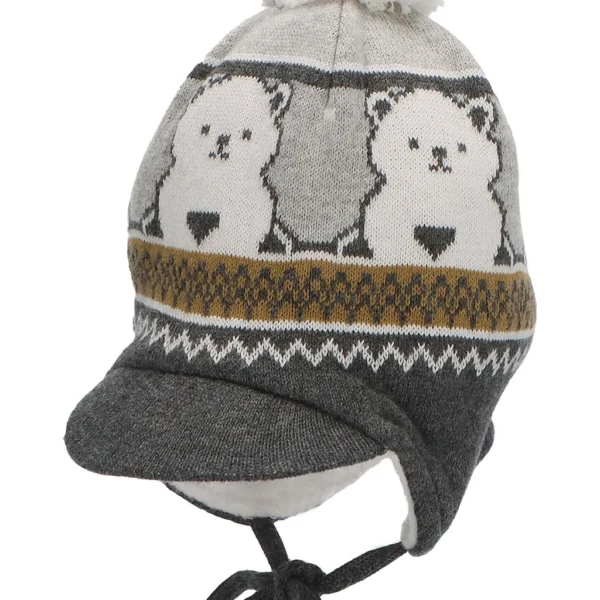 Pletená čiapka na viazanie s mackovým vzorom so šiltom a klapkami na uši