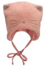 Čiapka s mačacou tvárou a klapkami na uši - ružová – Obrázok 3