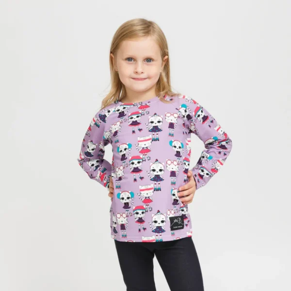 Bavlnené tričko s dlhým rukávom - fialové mačky v akcii