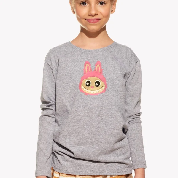 Pískacie tričko sivé melé s dlhým rukávom - Labubu pink